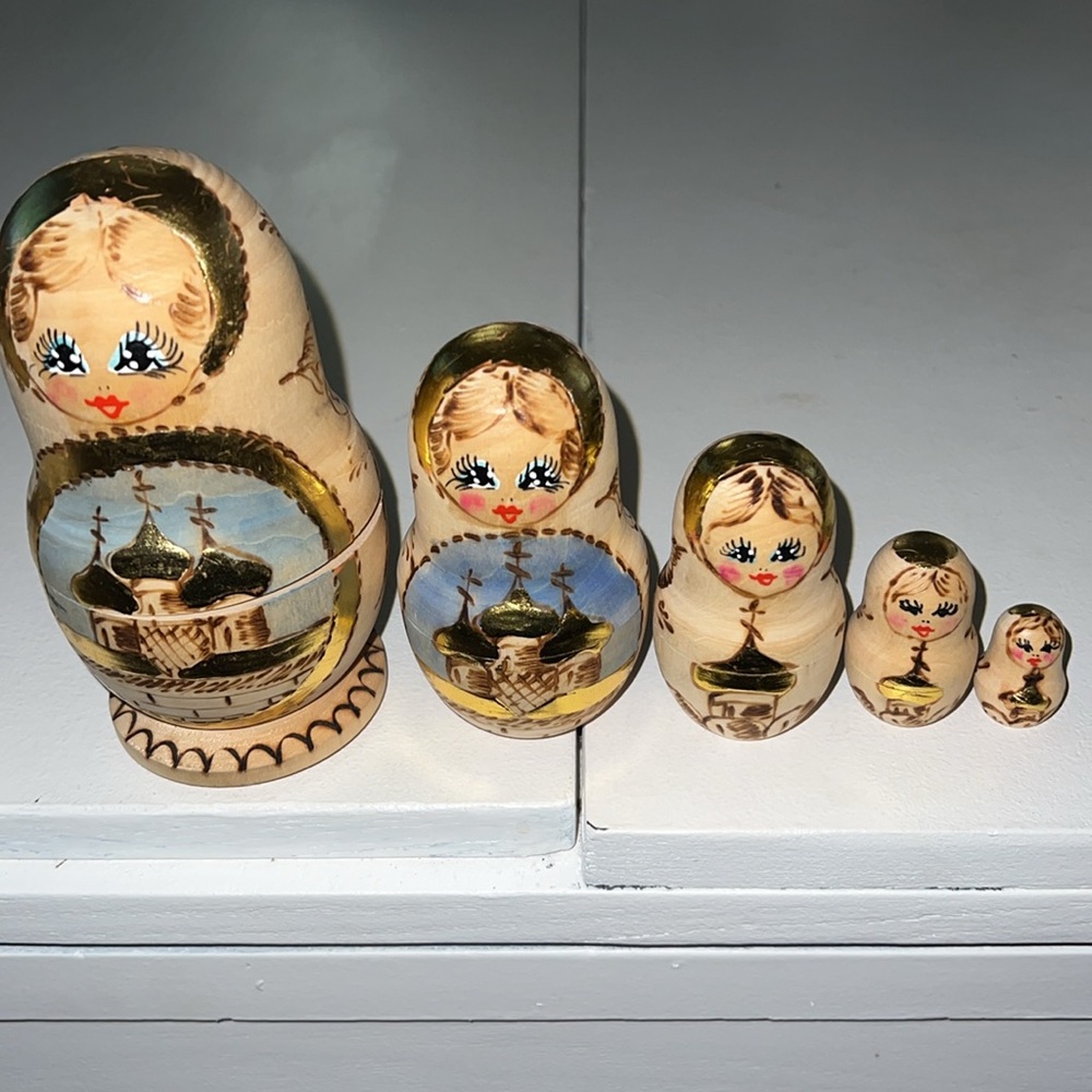 Russian Village Wood Burned 5 Piece  Matryoshka Russian Nesting Dolls